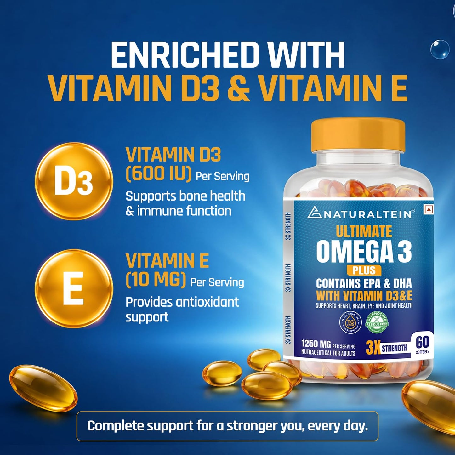 NATURALTEIN Ultimate Omega-3 plus Fish Oil 1250mg Triple Strength Softgel Capsules with vitamin D3 and E | 450mg EPA & 300mg DHA in Triglyceride Form for Better Absorption | Heart, Brain, Eye | 60 Softgel Capsules | 60-Day Supply