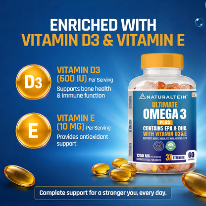 NATURALTEIN Ultimate Omega-3 plus Fish Oil 1250mg Triple Strength Softgel Capsules with vitamin D3 and E | 450mg EPA & 300mg DHA in Triglyceride Form for Better Absorption | Heart, Brain, Eye | 60 Softgel Capsules | 60-Day Supply