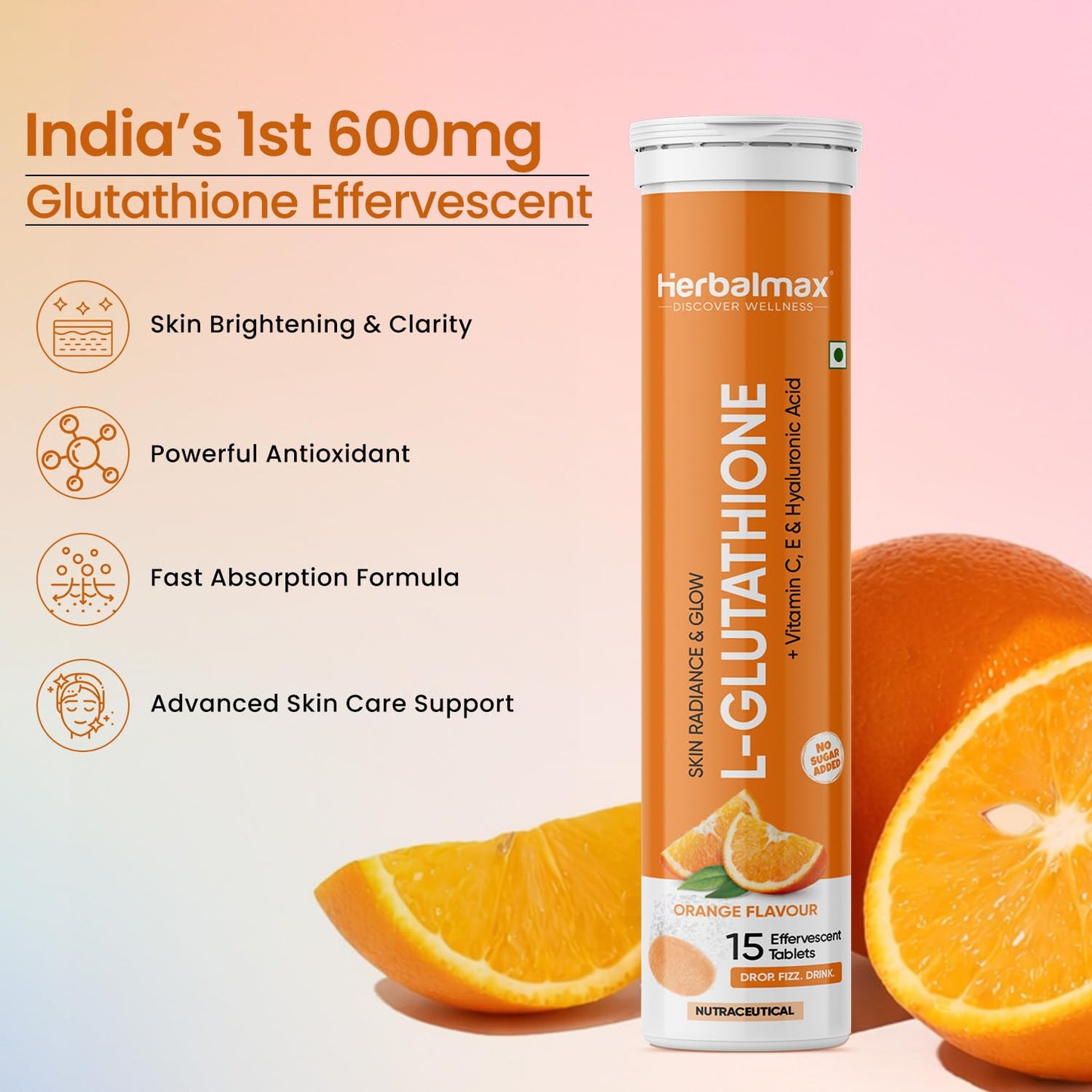 Herbalmax L-Glutathione effervescent supplement with oranges on a light pink background