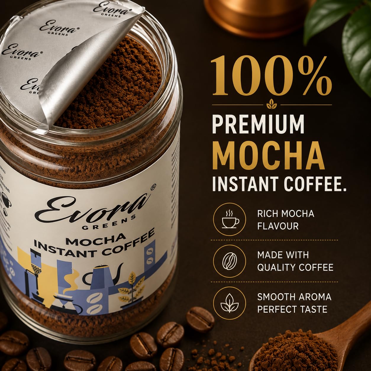 EVORA Greens 100gm Instant Coffee Powder | Mocha Flavour | Coffee with Arabica & Robusta Blend - Medium Roast | Make Café Style Hot or Cold Coffee, black Coffee, Cappuccino, Latte at Home | Make 50 Cups