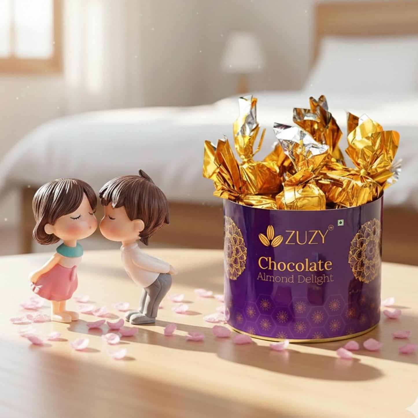 eCraftIndia Cute Romantic Kissing Couple Statue Showpiece with Zuzy Almond Chocolates Gift Box | Valentine Gift for Girlfriend Boyfriend Husband Wife Her Him | Valentine Decoration Items