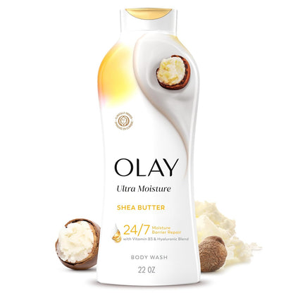Olay Ultra Moisture Shea Butter body wash bottle on a white background