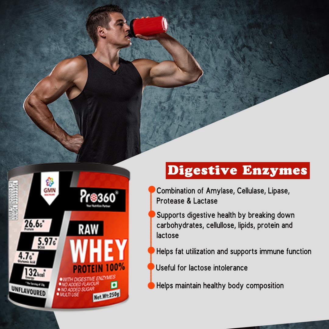 Pro360 Raw Whey Protein 100% - Unflavored - 250gm (100% Whey with Digestive Enzymes, 26.6g Protein, 5.97g BCAA, 4.7g Glutamic Acid per Serving)