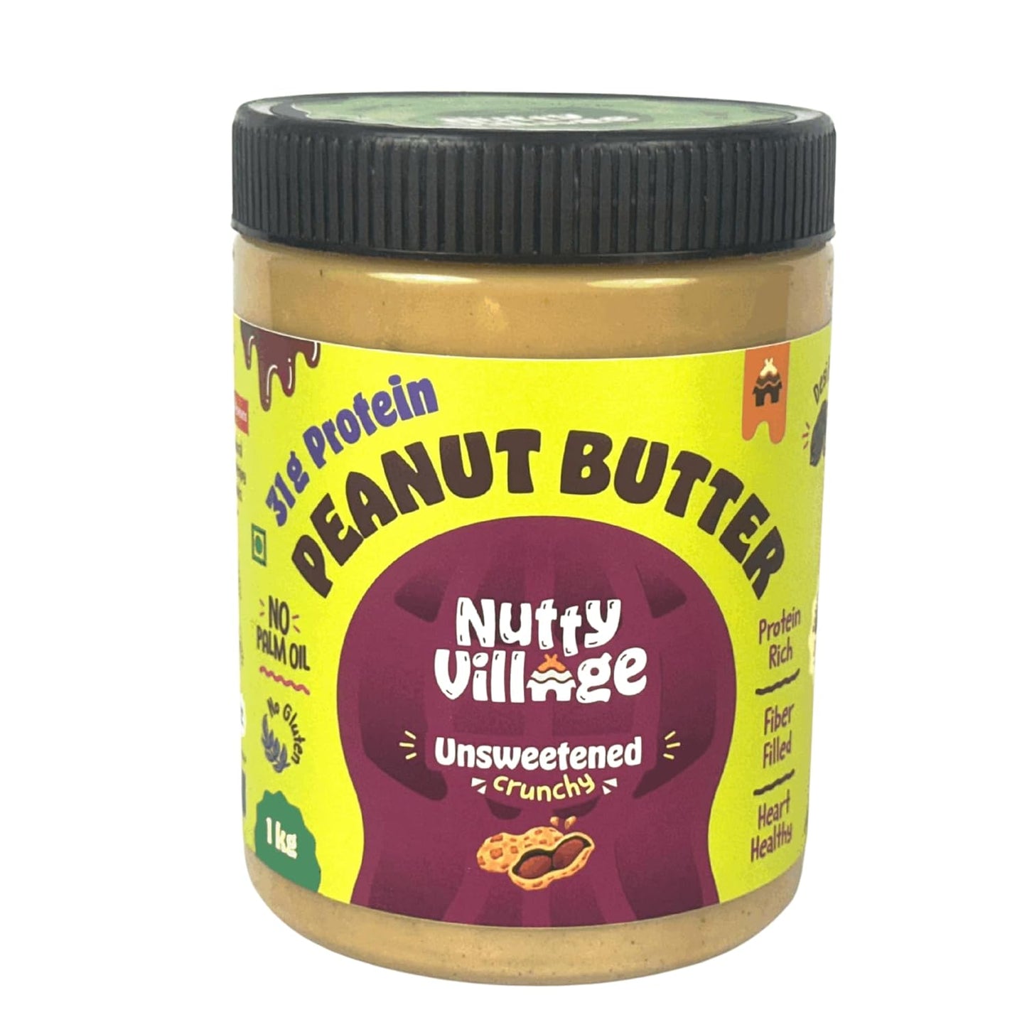 Nutty Village Natural Unsweetened Peanut Butter Crunchy with 31.08g Protein - No Added Sugar and Salt - No Palm Oil - Vegan and Gluten free - 325g Peanut Butter