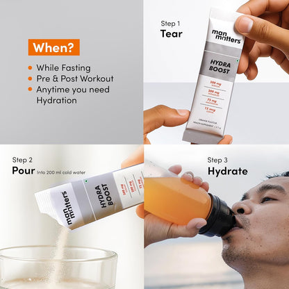 Man Matters Hydra Boost Electrolyte Powder | With 4 Electrolytes, 8 Vitamins & Iodine | No Added Sugar or Calories | Boosts Hydration, Fights Fatigue & Sharpens Focus | Orange Flavour | 15 Sachets