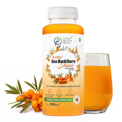Fytika Sea Buckthorn Juice bottle with a glass of juice and sea buckthorn berries on a white background