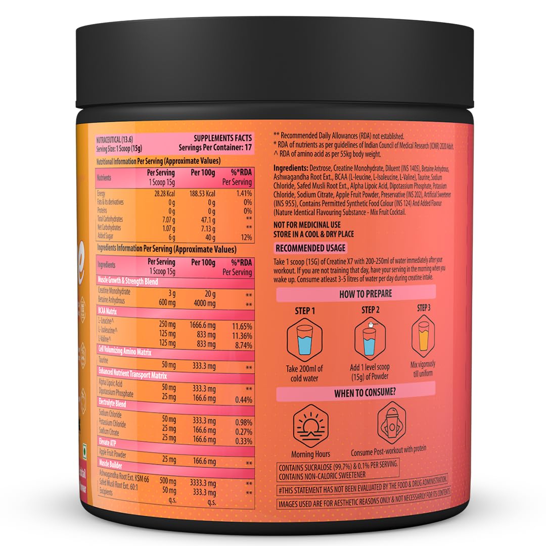 Supplement container with detailed nutritional information and usage instructions on a white background