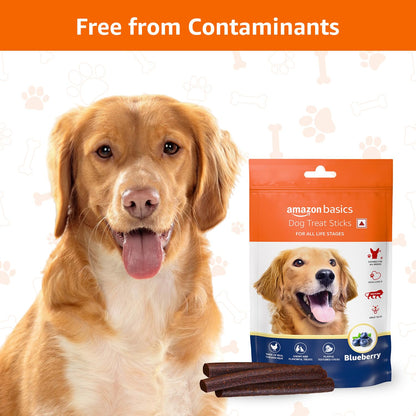Amazon Basics Dog Treat Sticks 140 gm, Chewy Meat Sticks for Adult Dogs and Puppies, High Protein Dog Treats for Training and Snacks, Made of Real Chicken Meat, Ziplock Pack, Blueberry Flavor