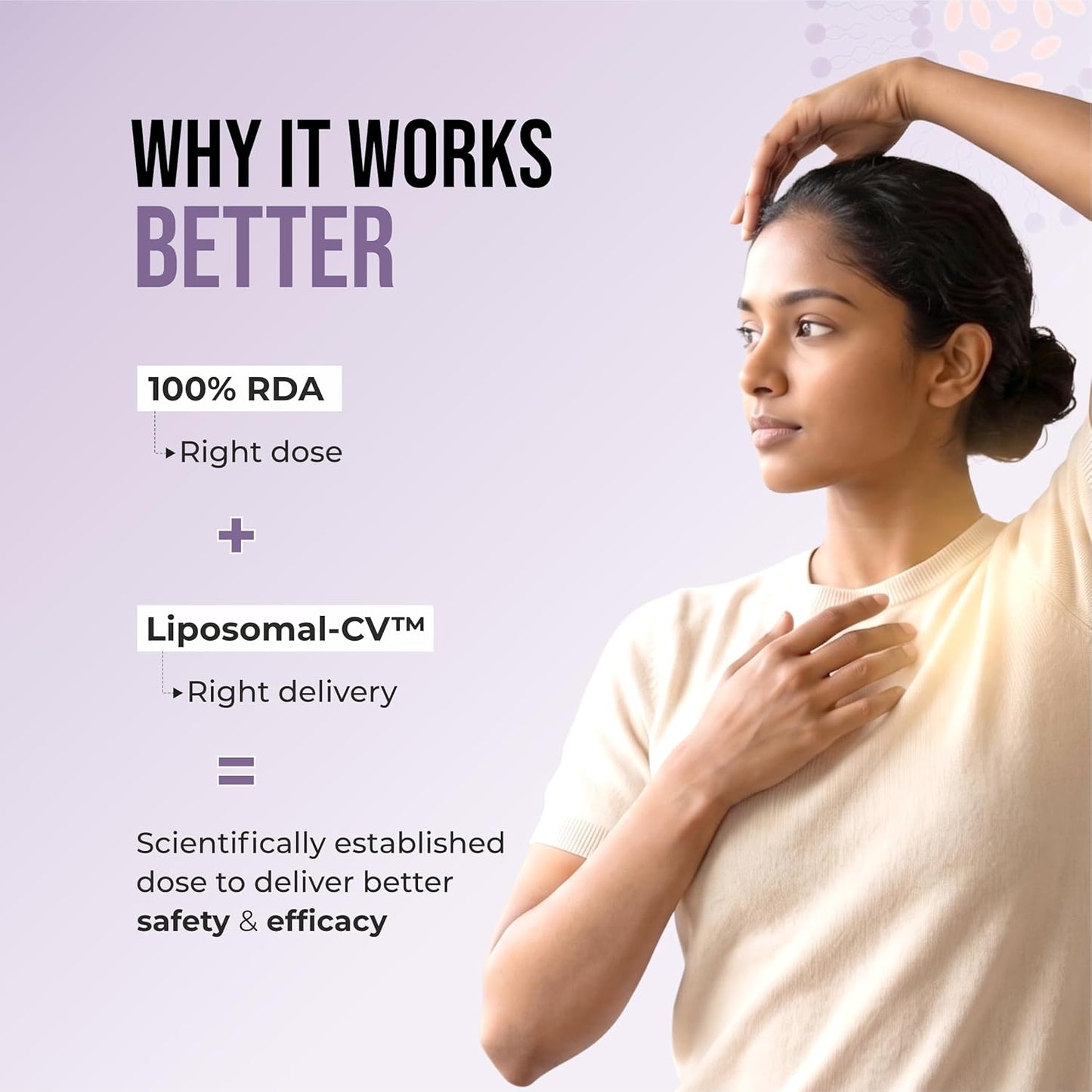 Woman with text explaining product benefits on a light purple background