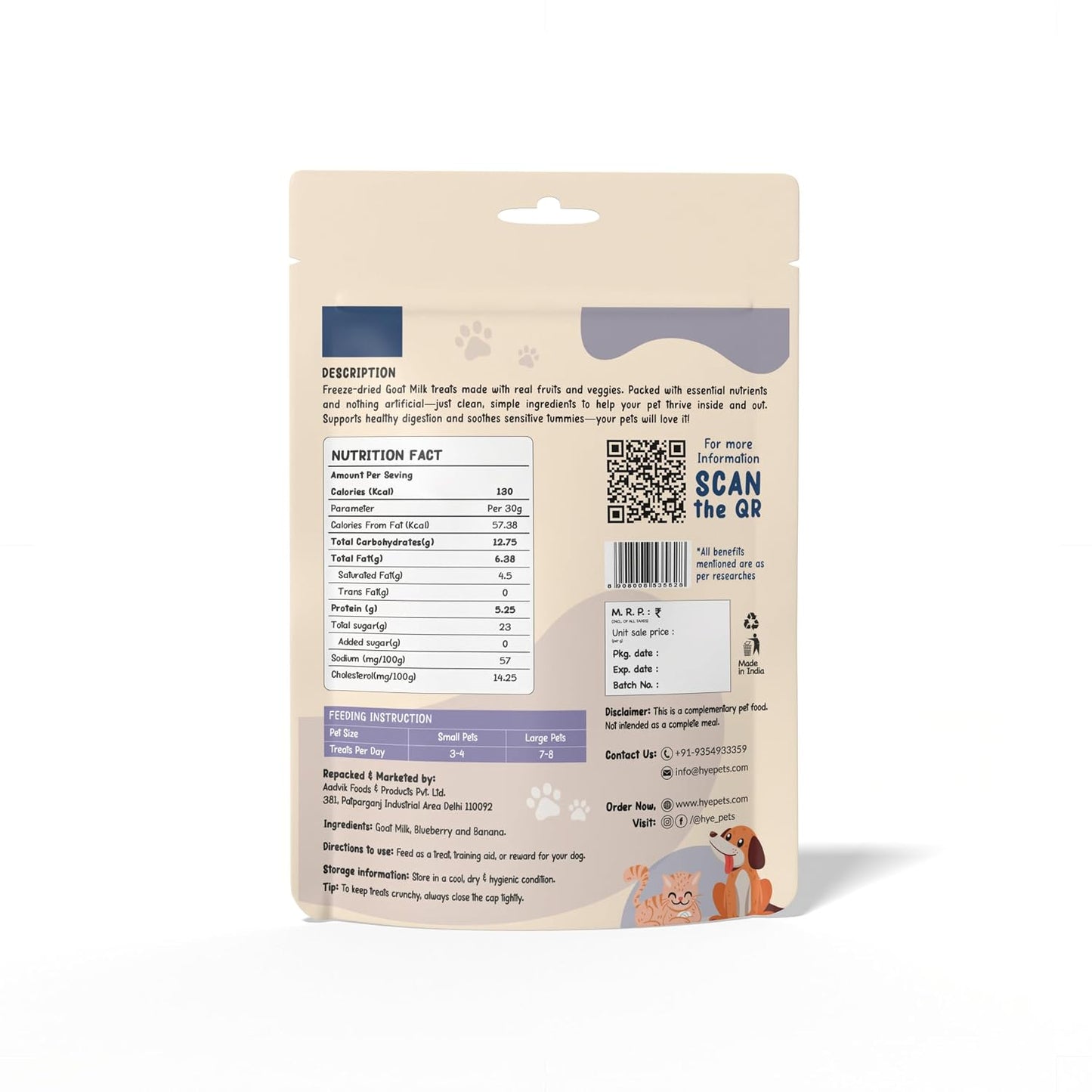 HYE Pets Super Treats for Super Pets – Freeze Dried Treats Made with Goat Milk, Blueberry & Banana | 30g