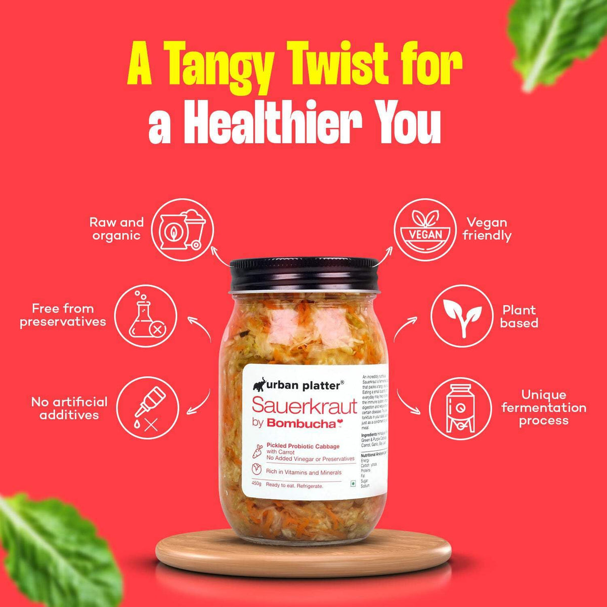 Urban Platter Sauerkraut Original Pickled Probiotic Cabbage with Carrot, 450g / 15.8oz [Raw, Artisanal, Plant-Based, Preservative Free]