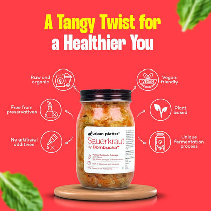 Urban Platter Sauerkraut Original Pickled Probiotic Cabbage with Carrot, 450g / 15.8oz [Raw, Artisanal, Plant-Based, Preservative Free]