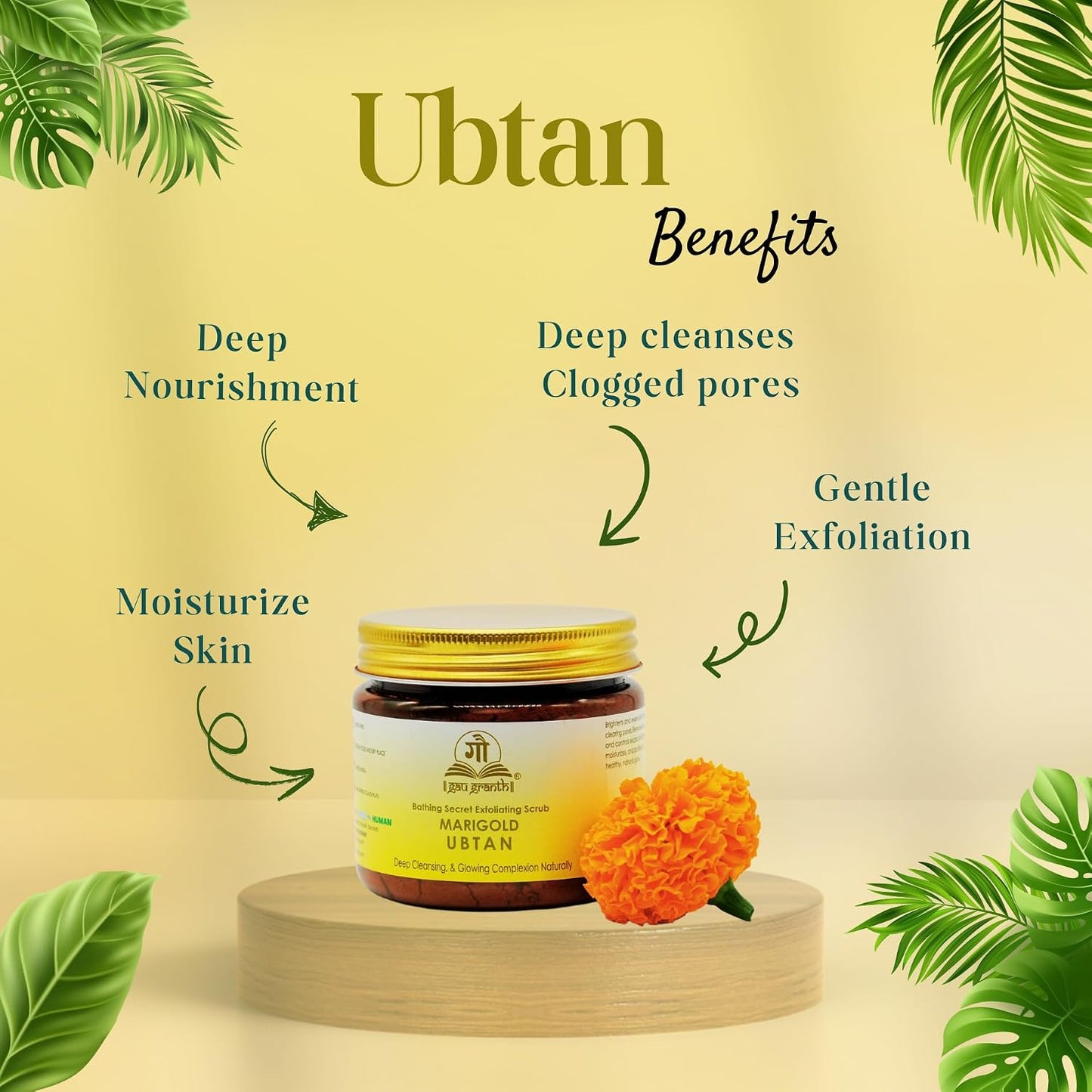 GuaGranth Ubtan MariGold - 80G (Pack Of 1) | Sandalwood, Rose Petals, Amba Haldi, Hibiscus Petals, Amla, Red Lentil etc | Removes Dead Skin, Blackheads & Excess Oil