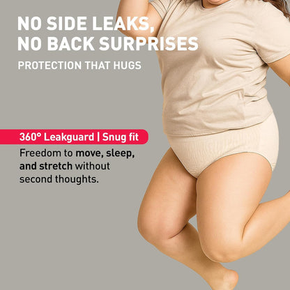 Person wearing beige underwear with text about product features on a gray background