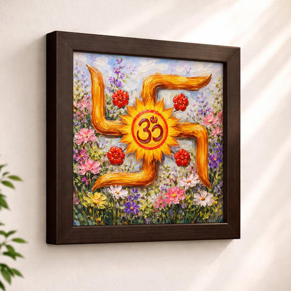 Swastik Om Floral Vastu Sacred Hindu Spiritual Mandir Religious Auspicious Traditional Indian Framed Poster Artwork Decor Painting