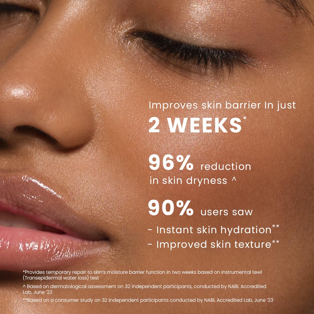 Close-up of a person's face with text highlighting skin improvement benefits.