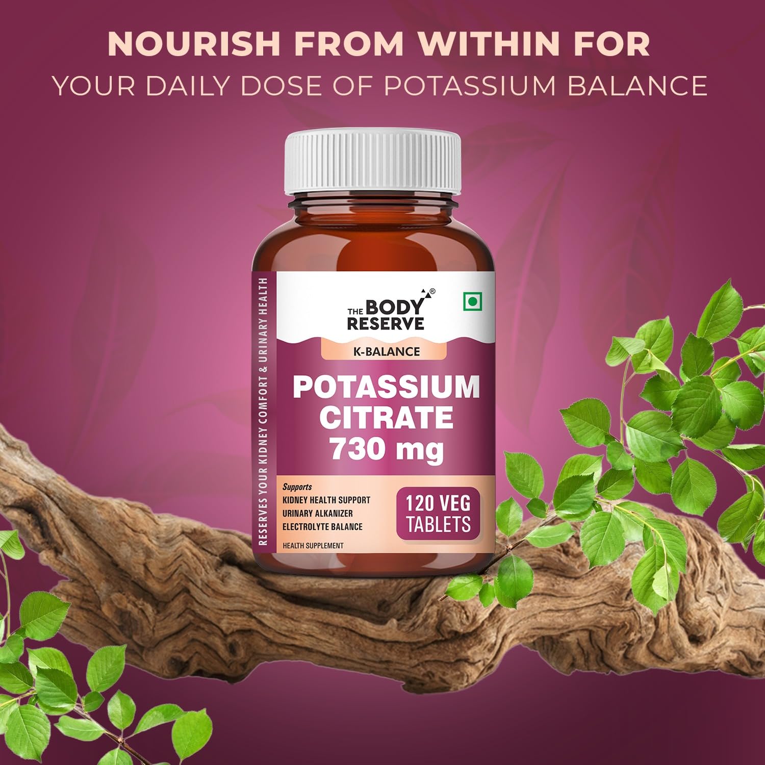Body Reserve Potassium Citrate supplement bottle with green leaves on a purple background