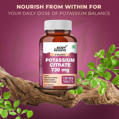 Body Reserve Potassium Citrate supplement bottle with green leaves on a purple background