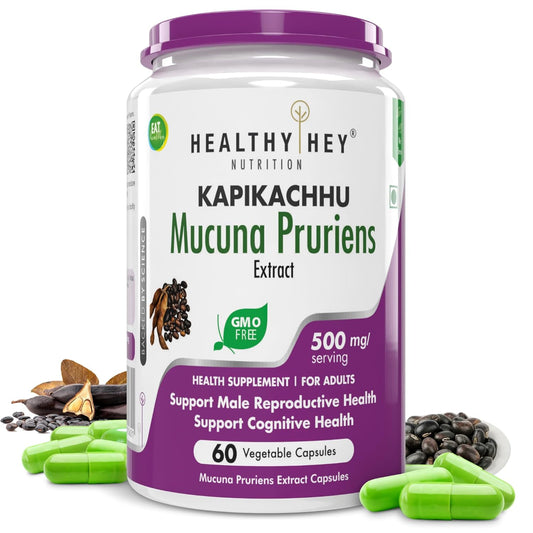 Supplement container labeled 'Healthy Hey Nutrition' with green and purple design on a white background