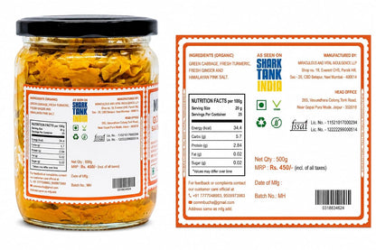 MAVI's Golden Sauerkraut| Spicy, Organic & Natural Cabbage & Fresh Turmeric | Gut friendly | 100% Natural & Vegan | No Preservatives | No Artificial Flavour or Colour | 500g (Pack of 1)