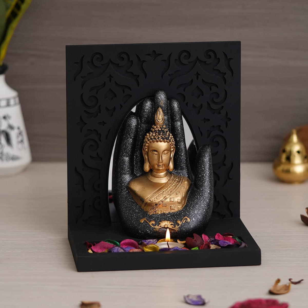 eCraftIndia Grey Golden Resin Palm Lord Buddha Idol Tea Light Candle Holder| Gautam Buddha Statue Tea Light Holder Diwali Decoration Items for Home Decor| Buddha Showpiece Gift for Diwali Housewarming