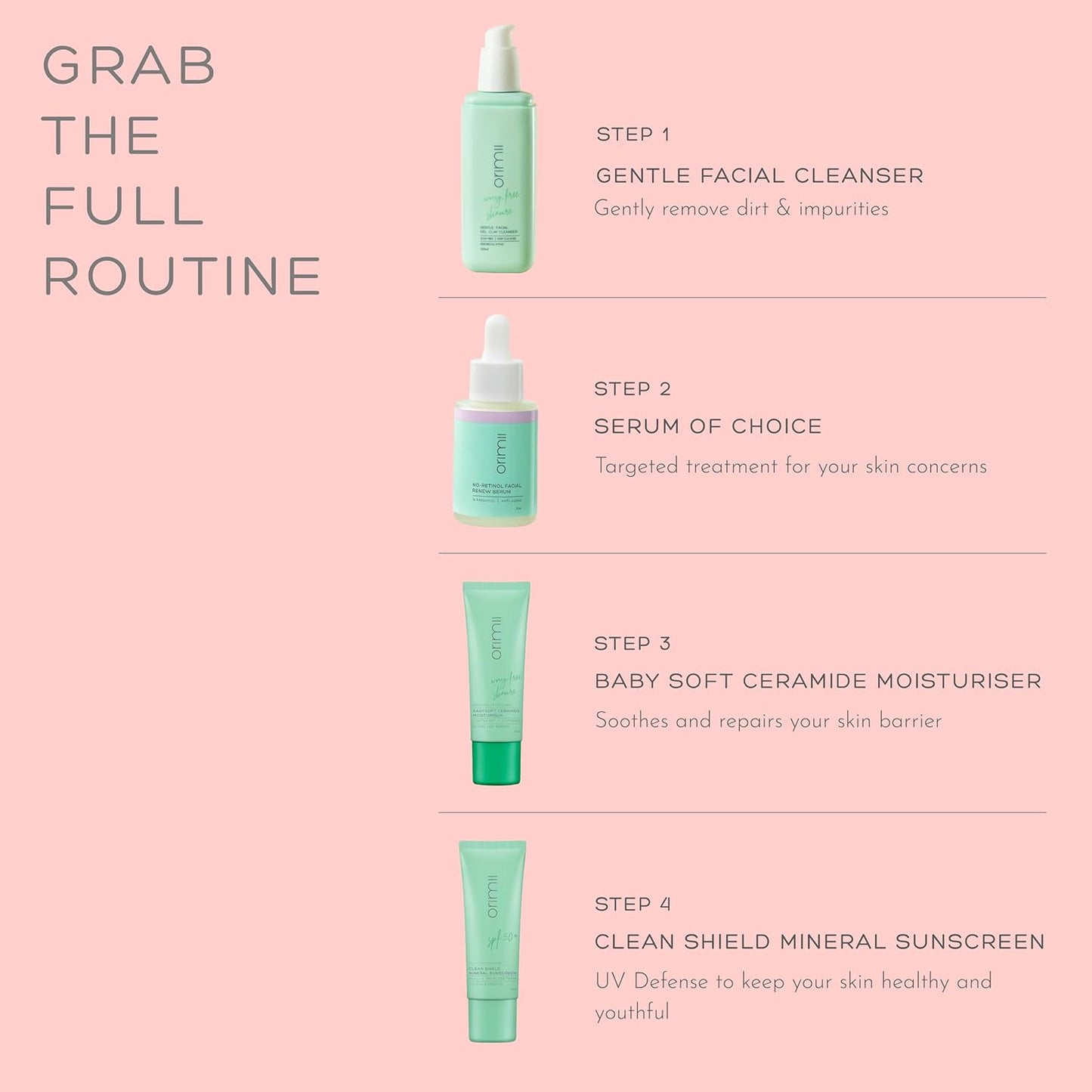 Cosmetic product lineup with step-by-step skincare routine on a pink background