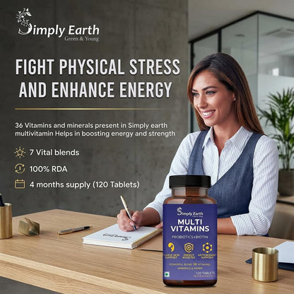 Simply Earth Multivitamin For Men & Women (120 Tablets) With 7 Vital Blends and 36 Nutrients - Probiotics Vitamin C, Zinc & Biotin