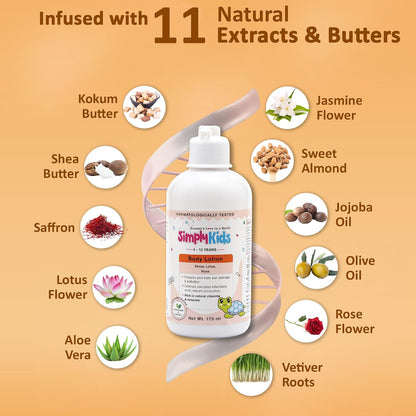 Simply Kids Body Lotion 175ml | For Ages 4-12 | Shea & Kokum Butter, Olive Oil, Saffron & Niacinamide | Moisturizes Dry & Dull Skin | Hypoallergenic | Dermatologically Tested | All Skin Types