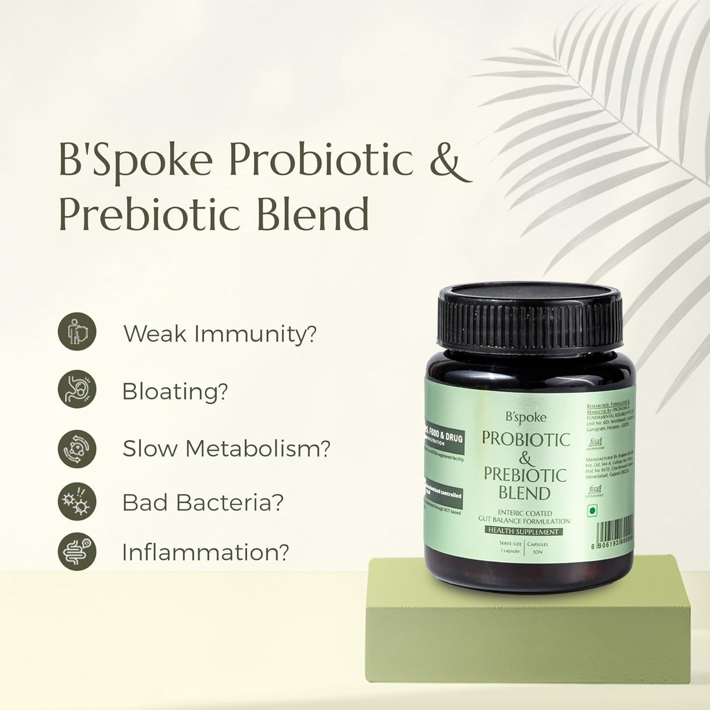 B'spoke Probiotic & Prebiotic Blend – 60 Billion CFU High-Potency Probiotics for Digestive Health, Immunity & Microbiome Balance | Advanced Gut Health with 11 Multi-Strain Blend in Enteric-Coated Veg Capsules