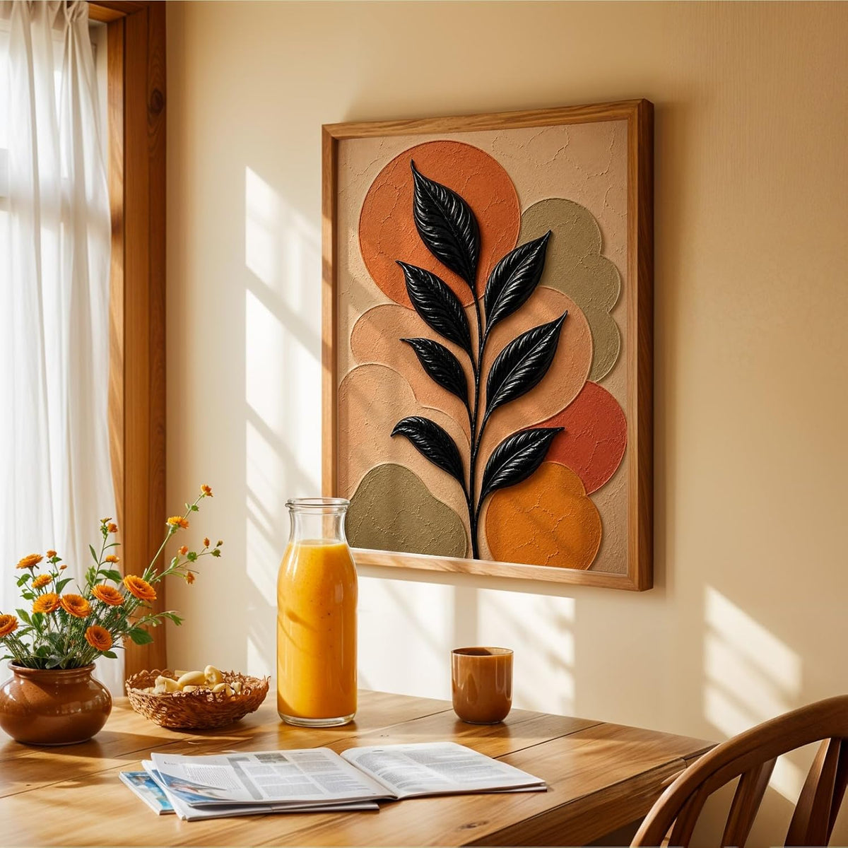 Floral Botanical Wall Painting with Frame | Premium Textured Flower & Leaf Artwork, Pastel Nature Wall Decor Framed for Living Room Bedroom Office and Home Decoration (Art-5,13x19inch)