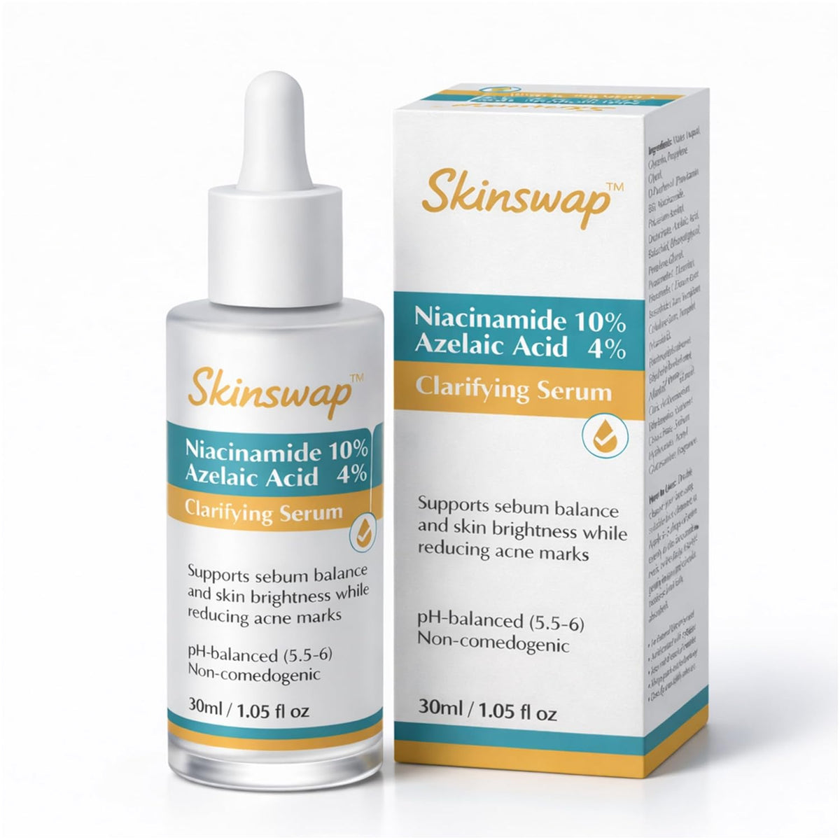 Skinswap clarifying serum bottle and packaging on a white background