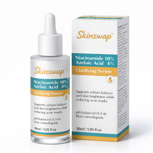 Skinswap clarifying serum bottle and packaging on a white background