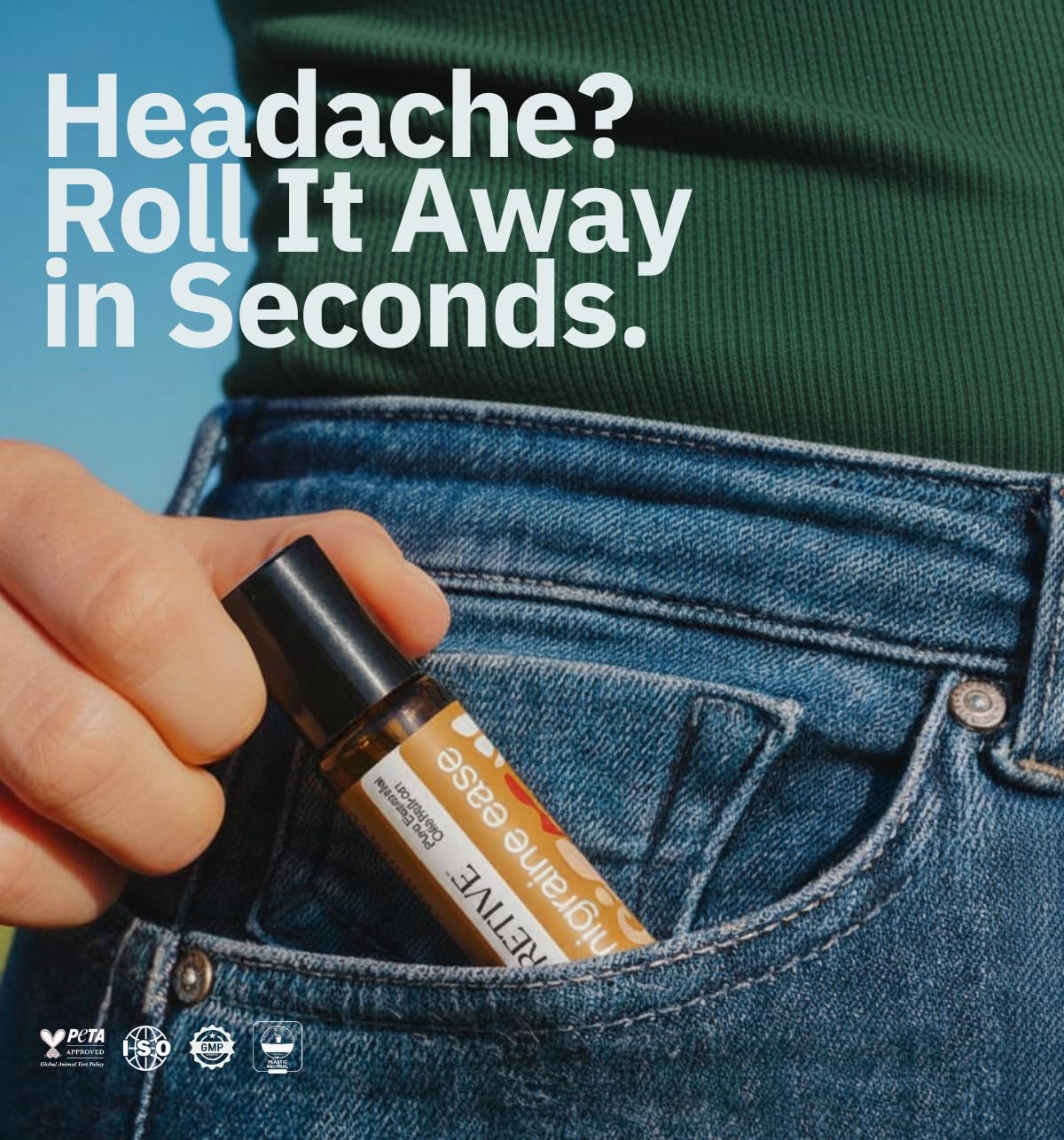 Hand holding a roller bottle with text 'Headache? Roll It Away in Seconds.'