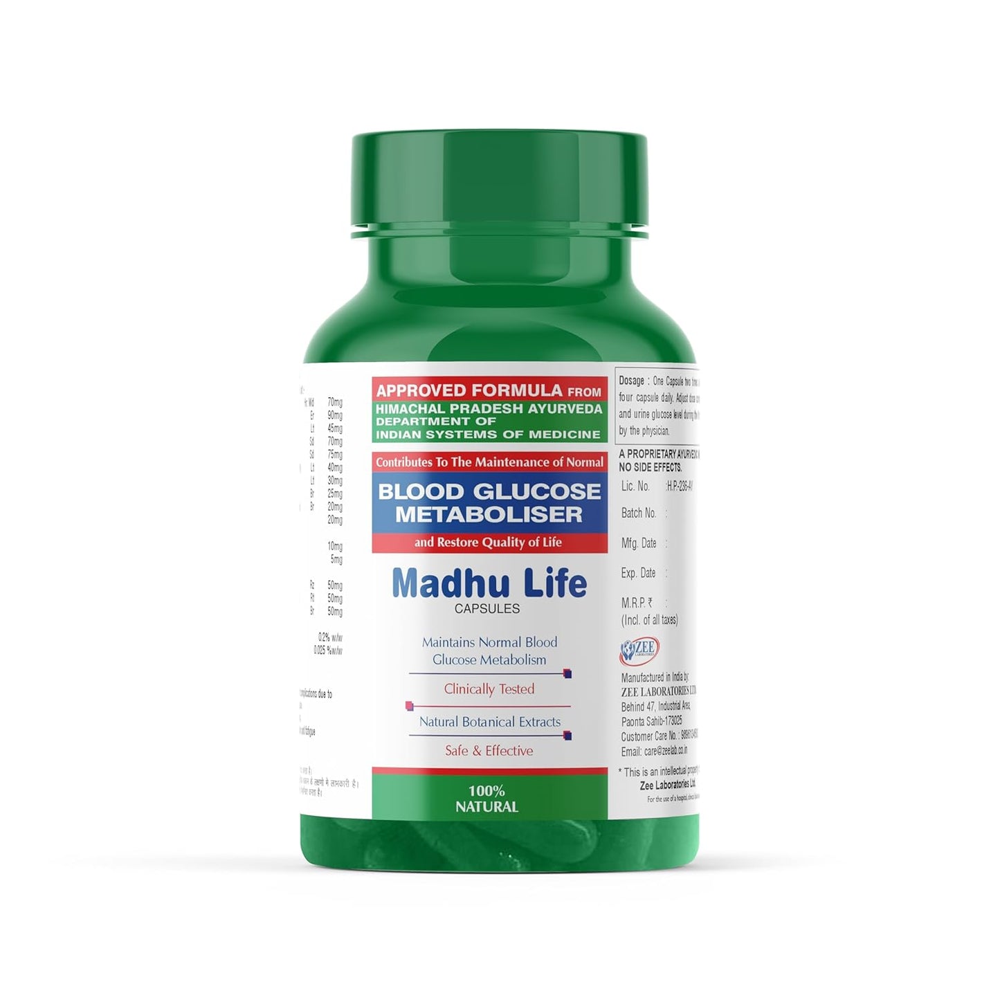 Green bottle of Madhu Life capsules on a white background