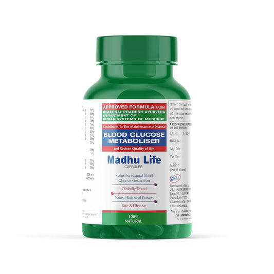 Green bottle of Madhu Life capsules on a white background