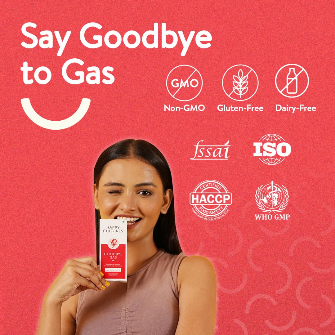 VELBIOM Happy Cultures Goodbye Gas, All Types of Gas Relief, Unique Blend of Probiotics 125 Million CFU, Ajwain Oil, Saunf Oil, Digestive Enzymes, Alleviates Gas, Bloating & Indigestion -30 Chewables