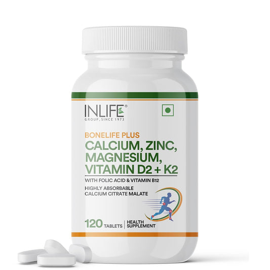 INLIFE Calcium Magnesium Zinc Vitamin D B12 | With K2 & Folic Acid Supplement | Bone & Joint Support Supplement for Women and Men - 120 Tablets (Pack of 1, 120)