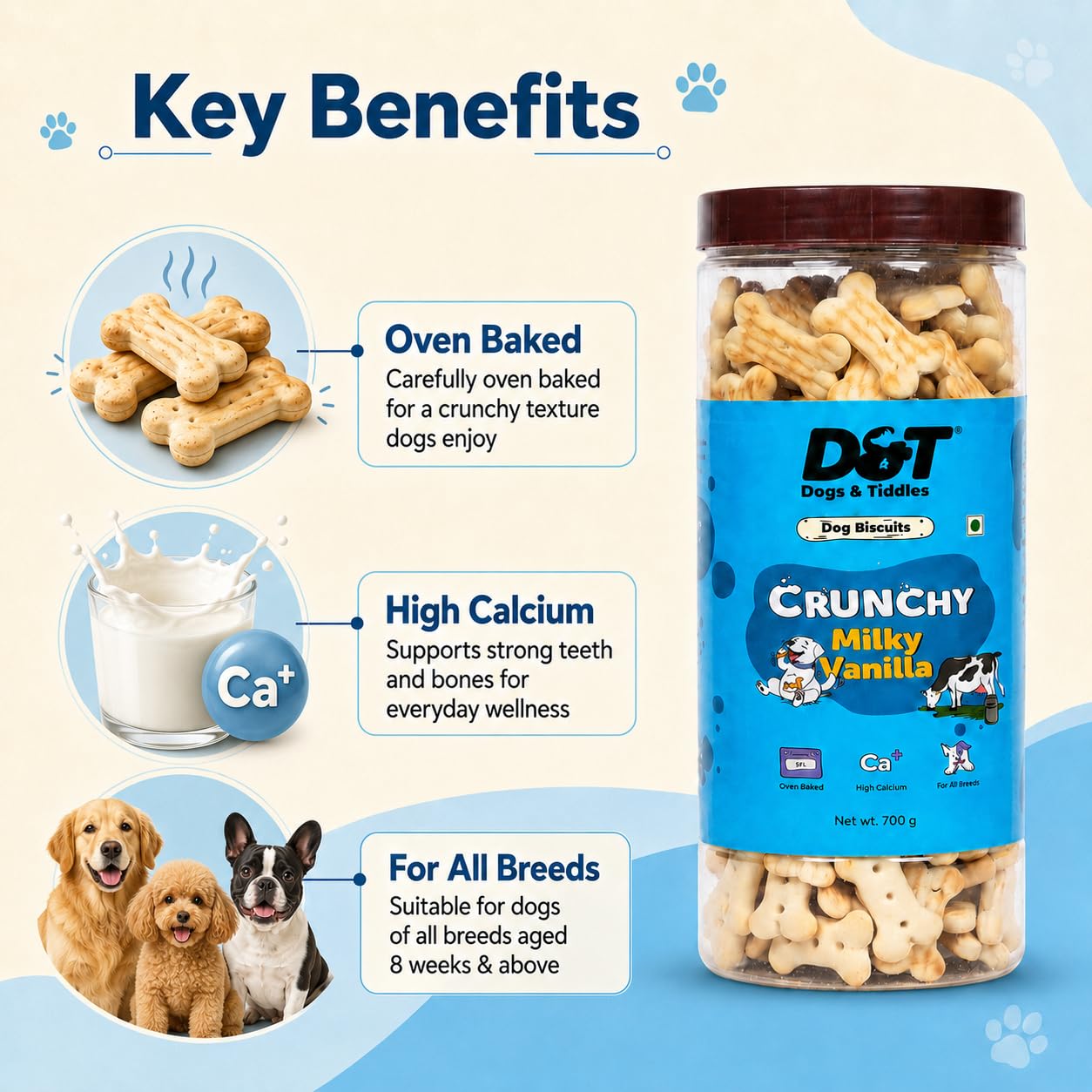 Dogs & Tiddles Milky Vanilla Dog Biscuits 700g | Oven Baked Crunchy Dog Treats | High Calcium Dog Snacks for All Life Stages & All Breeds
