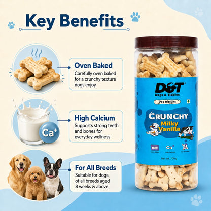Dogs & Tiddles Milky Vanilla Dog Biscuits 700g | Oven Baked Crunchy Dog Treats | High Calcium Dog Snacks for All Life Stages & All Breeds