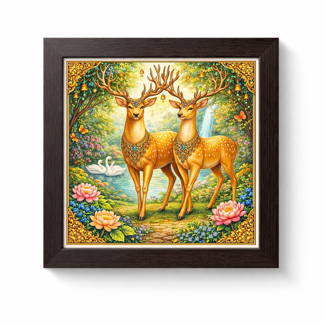 Golden Deer Pair Money Vastu Prosperity Luck Harmony Nature Sacred Framed Poster Artwork Decor Painting