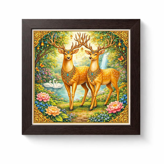 Golden Deer Pair Money Vastu Prosperity Luck Harmony Nature Sacred Framed Poster Artwork Decor Painting
