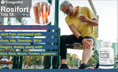 Advertisement for Trexgenics Rosifort Trio 3X showing a person with joint pain and product packaging.