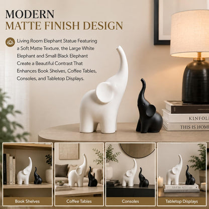Elephant Showpiece Set for Home Decor, Matte Finish Elephant Decorative Figurines for Living Room, TV Table, Shelf Decor Lucky Elephant Statue for Housewarming Gift (Black & White,PLA Plastic)