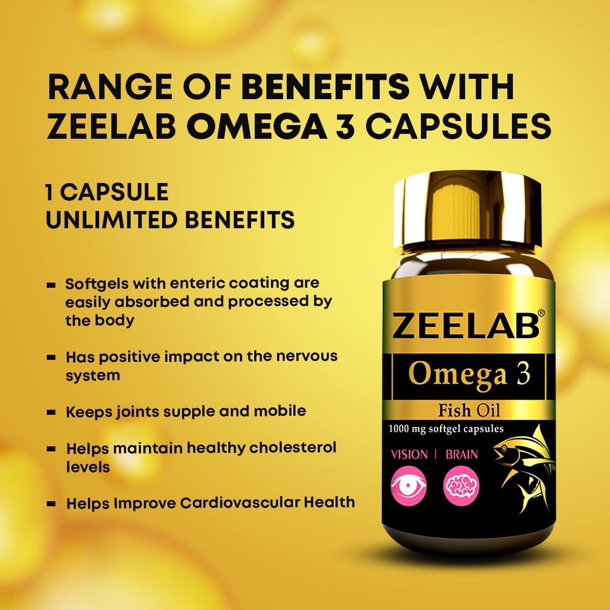 Zeelab Omega 3 capsules bottle with benefits listed on a yellow background