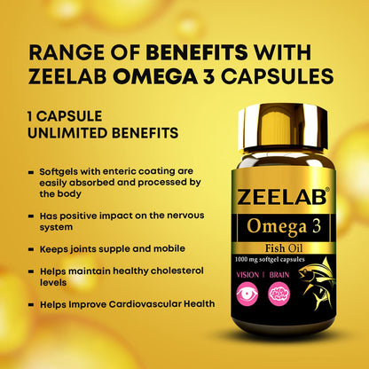 Zeelab Omega 3 capsules bottle with benefits listed on a yellow background