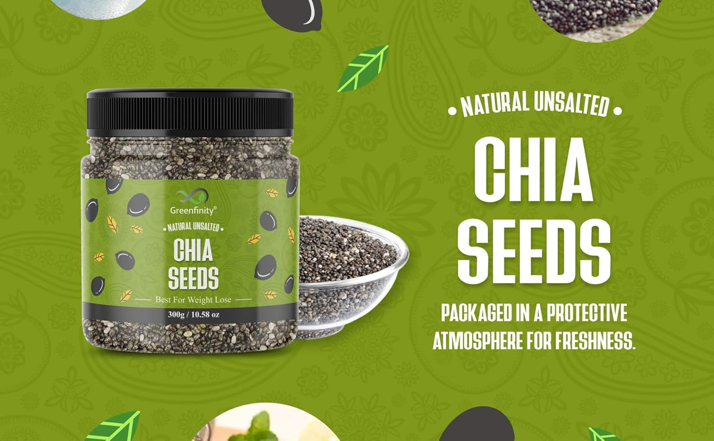GreenFinity Chia Seeds 300g | Omega-3 clean chia Seeds for Eating | Rich in Calcium, Protein & Fiber, Omega 3 and Antioxidant | Healthy Snacks |