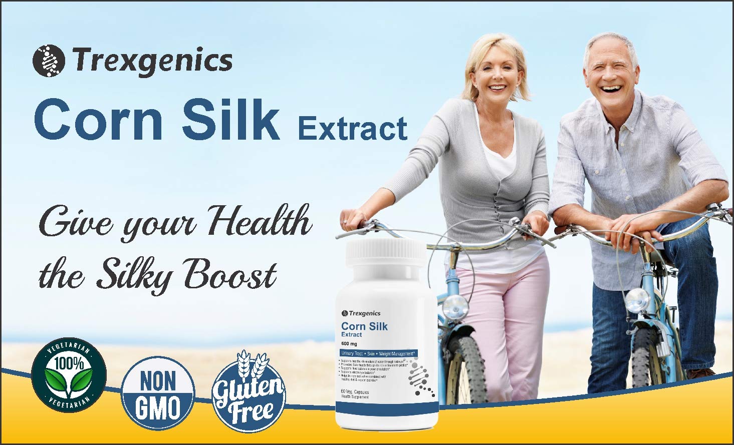 Advertisement for Trexgenics Corn Silk Extract with a couple on bicycles and product packaging.