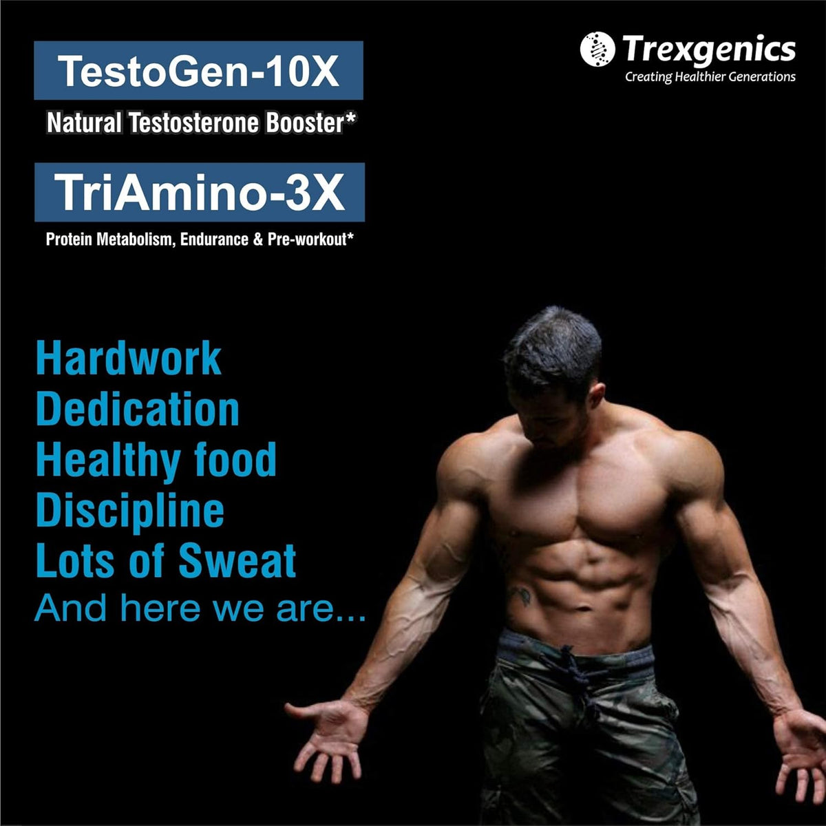 Advertisement for Trexgenics testosterone booster and protein supplement with a muscular man on a black background.