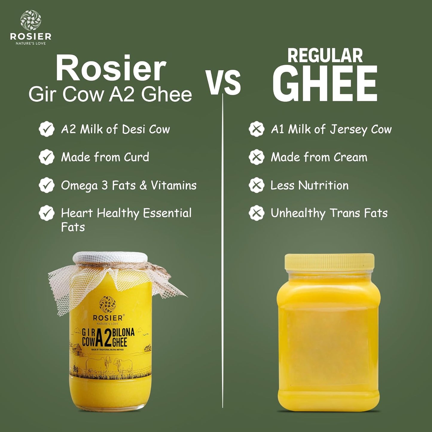 ROSIER A2 Gir Cow Ghee | Traditional Bilona Method A2 Gir Cow Ghee | Grassfed, Pure and Healthy Desi Cow Ghee