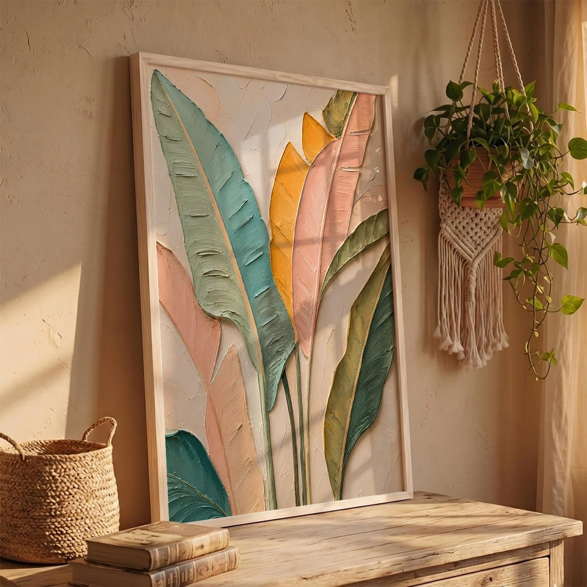 Decorative Modern Leaf Wall Art Painting With Frame | Leaf Painting For Living Room Bed Room Hotel Wall Decor Digital Reprint (14X20 inch)